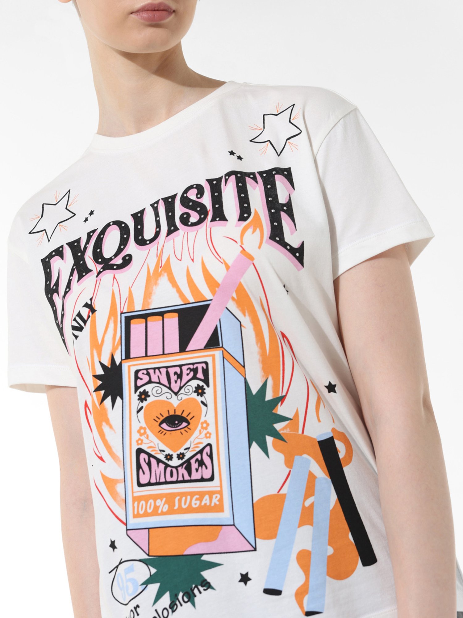 Only White Cotton Graphic Print T-Shirt