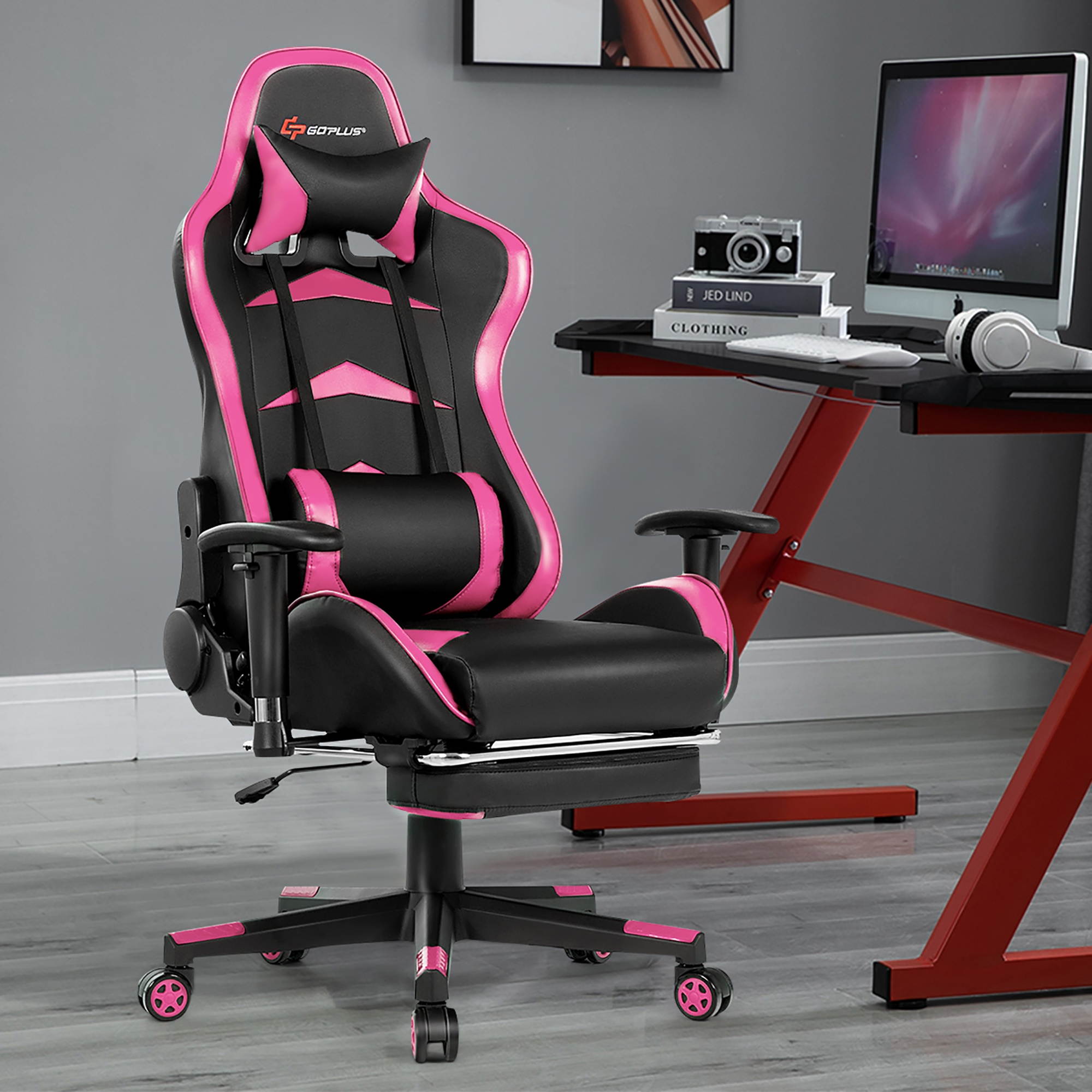 Massage Gaming Chair Reclining Racing Chair w/Lumbar Support &Footrest Pink