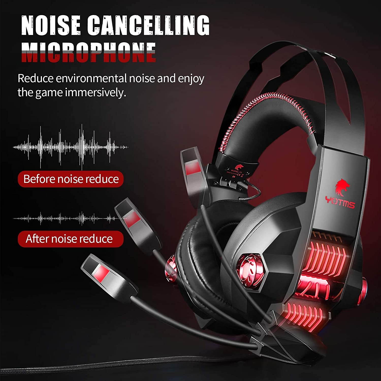 YOTMS Gaming Headset for PS4 PS5 PC Nintendo Switch Xbox One Headset with Noise Cancelling Mic Y1 Pro Wired Over Ear Headphones with RGB Light 7.1 Stereo Sound Soft Earmuffs for Laptop Mac Game