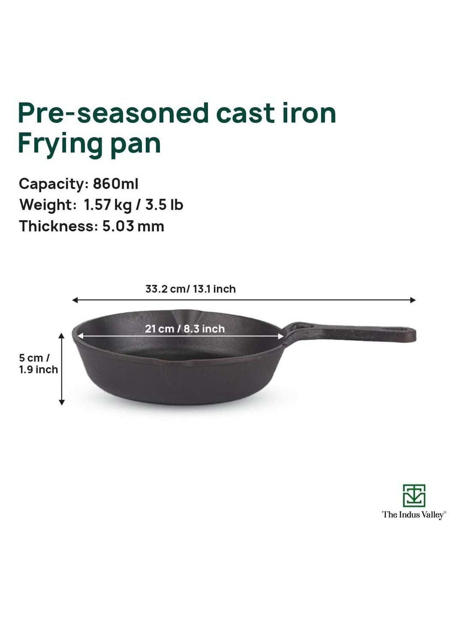 The Indus Valley Black Cast Iron 21.08 cm Deep Frying Skillet With Long Handle & Glass Lid (0.86 L)