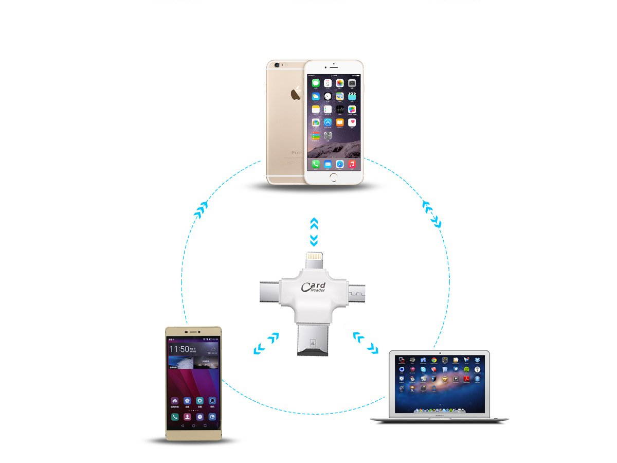 Micro SD Card Reader Caithly 4 in 1 Card Reader with Type-C USB Connector OTG HUB Adapter, TF Flash Memory Card Readers for iPhone iOS/Android Micro USB/Type-C Port Phones/Mac/PC (Black)