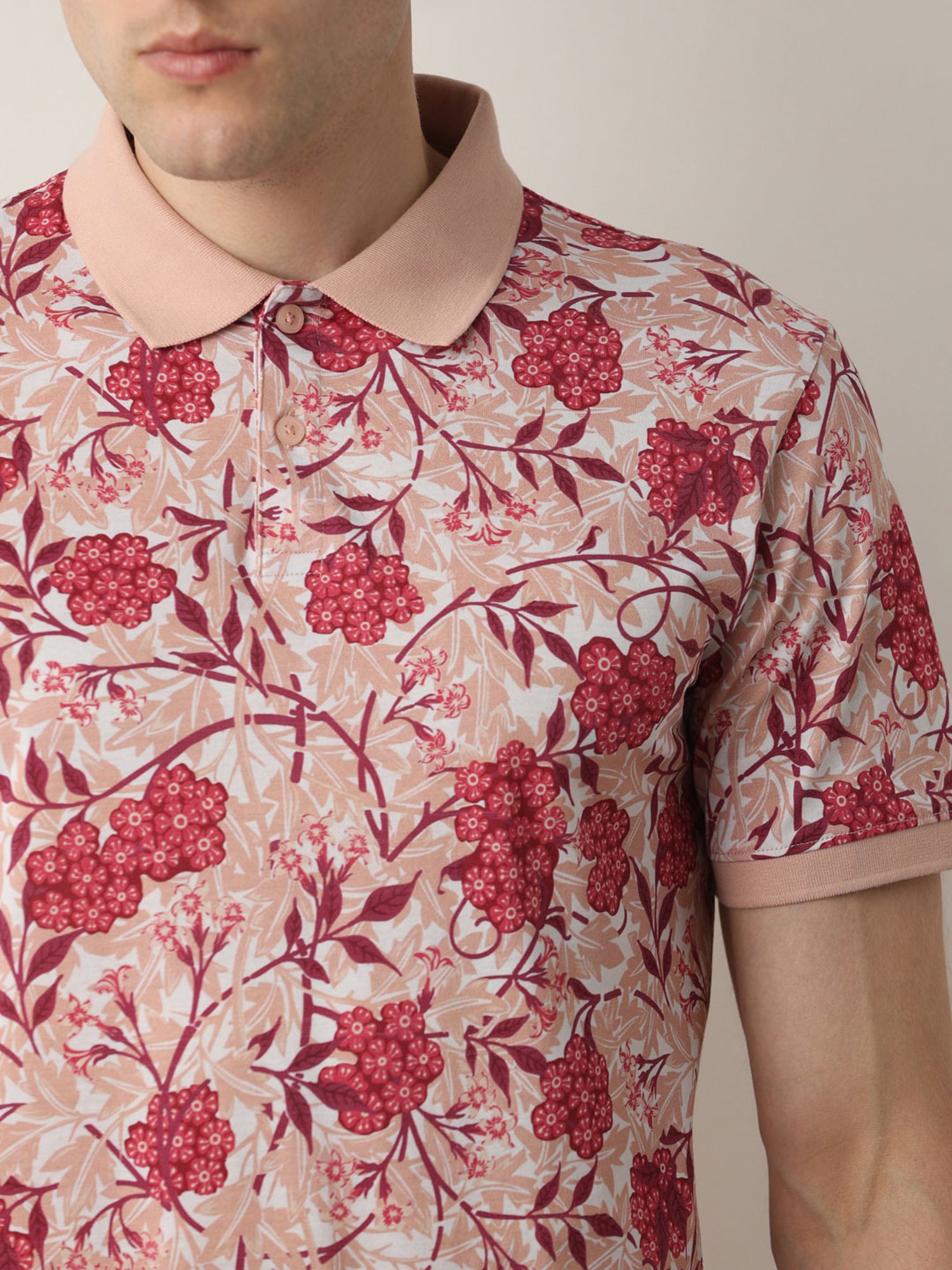 SELECTED HOMME Pink Slim Fit Floral Print Cotton Polo T-Shirt