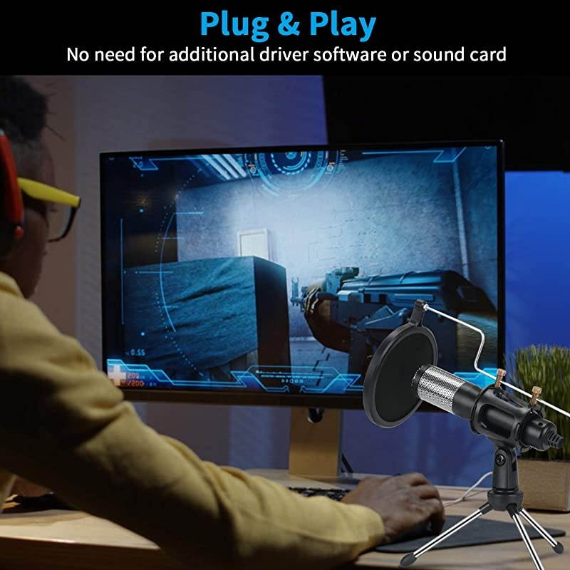 Studio Recording MicrophoneUSB Condenser Podcast MicrophonePlug and Play Desktop Gaming Streaming Microphone with Pop Filter for PcSkypeSingYouTube