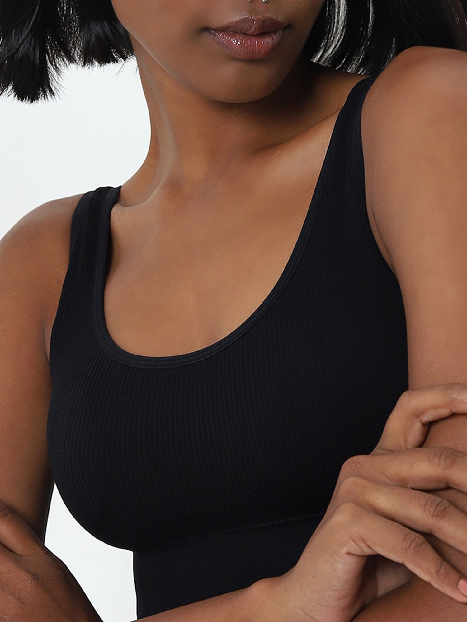 Superstar by Westside Black Ribbed Textured Sports Bra