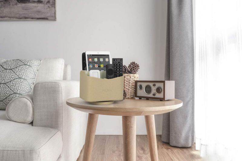 Ostrich PU leather Media Storage Spinning Remote Controller Holder, Remote Control Holder Organizer, Remote Caddy with Beautiful Defined Pattern, Makeup Brush Holder, Beige, 7.3x 5.5 x 6 inches