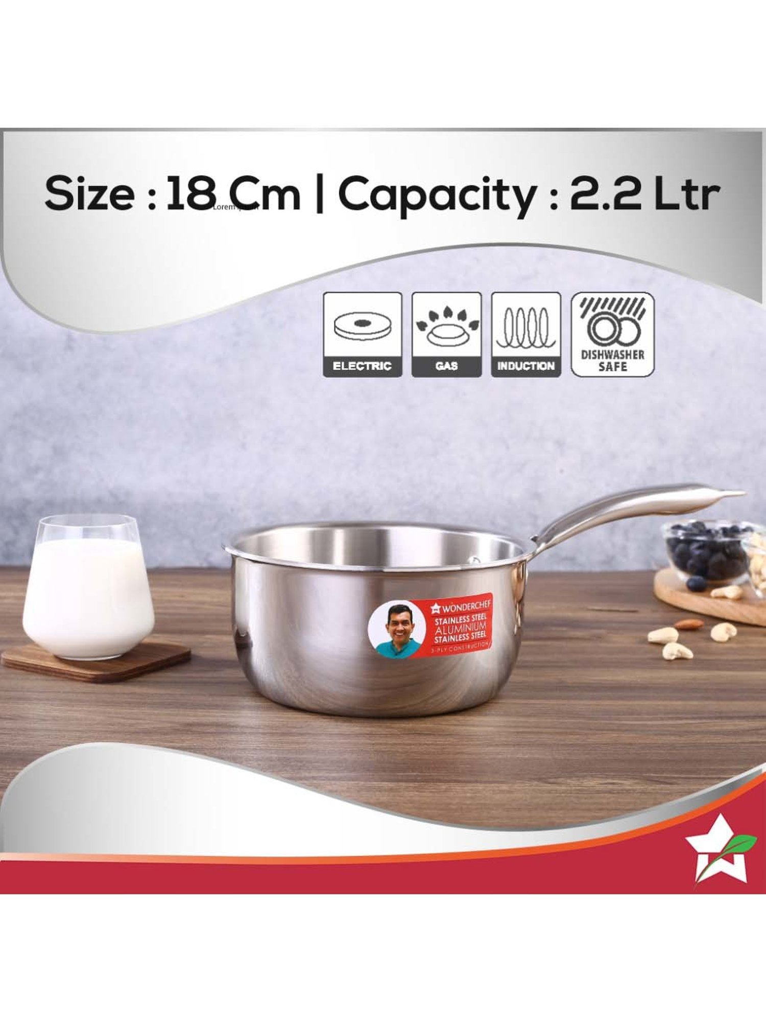 HAZEL Silver Induction Bottom Tope Stainless Steel Patila - 17.7 cm (2500 ml)