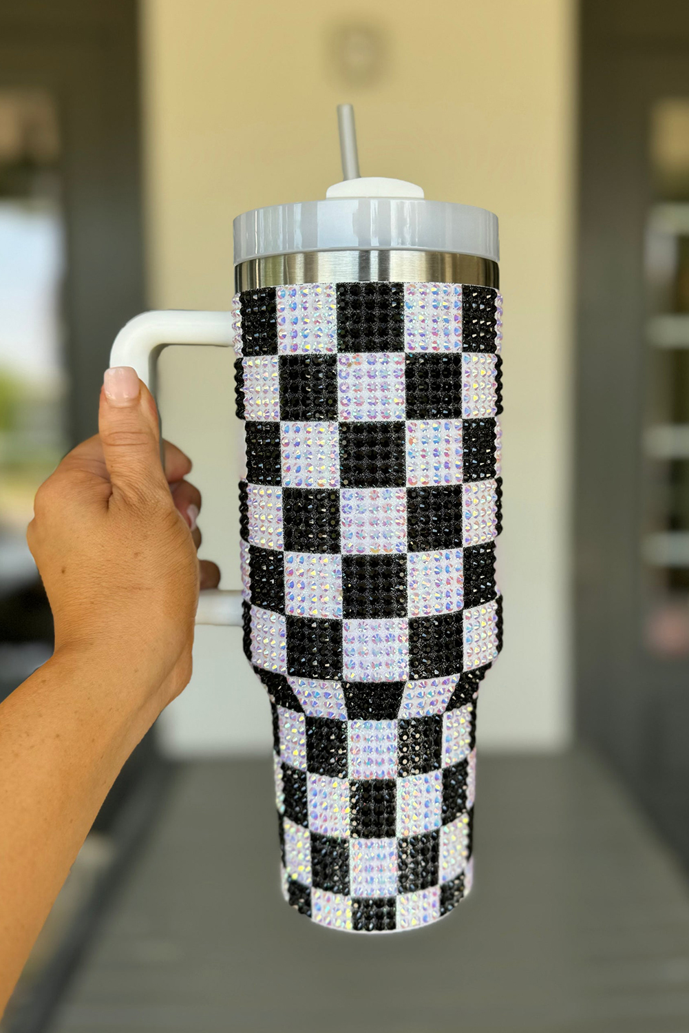 Pink Checkered Print Handled Stainless Steel Tumbler Cup