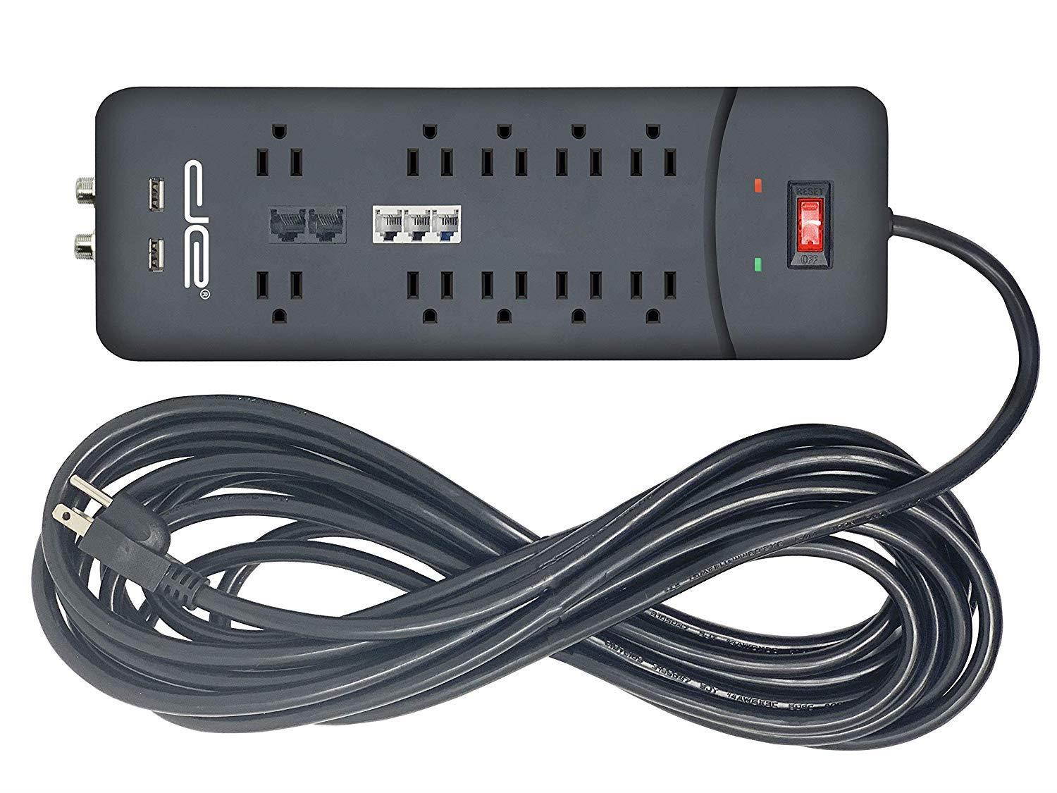 Digital Energy 15-ft Heavy Duty 10-Outlet 3500 Joules Surge Protector Power Strip, 15 Foot Long Extension Cord, Two USB Charging Ports, Coaxial, Phone Protection, ETL Listed. 15 AMP, Black