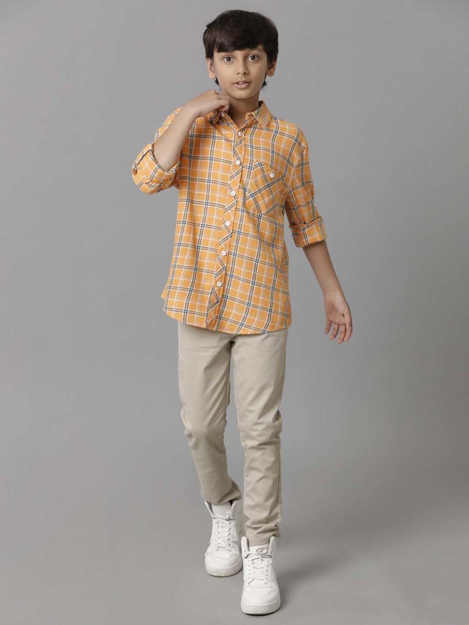 Under Fourteen Only Kids Orange & Blue Cotton Chequered Full Sleeves Shirt