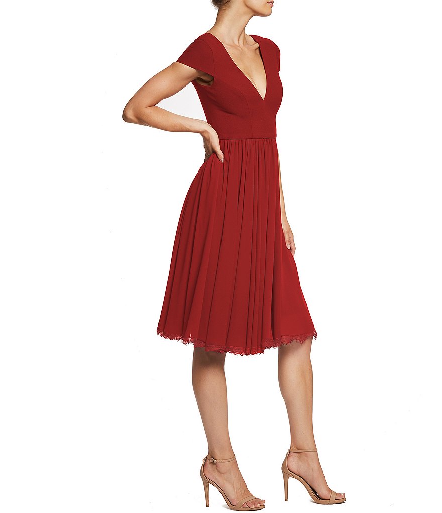 Dress the Population Corey V-Neck Cap Sleeve Lace Hem Midi Dress