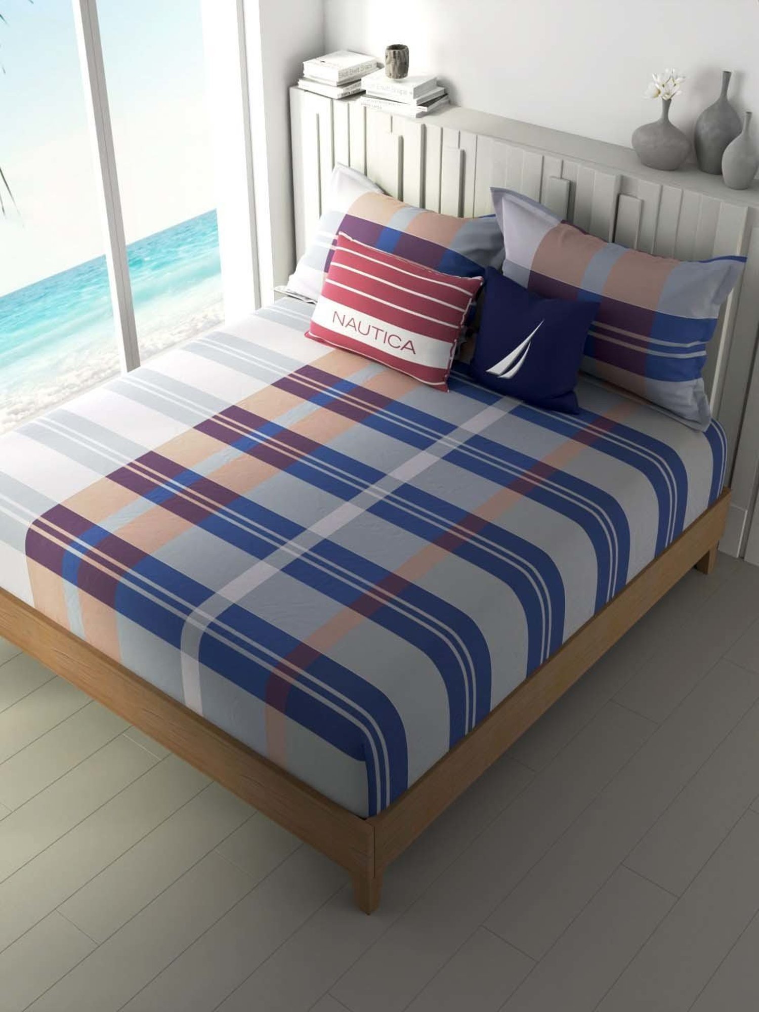 NAUTICA Ocean View Blue & Red Cotton 160 TC King Bedsheet with 2 Pillow Cover