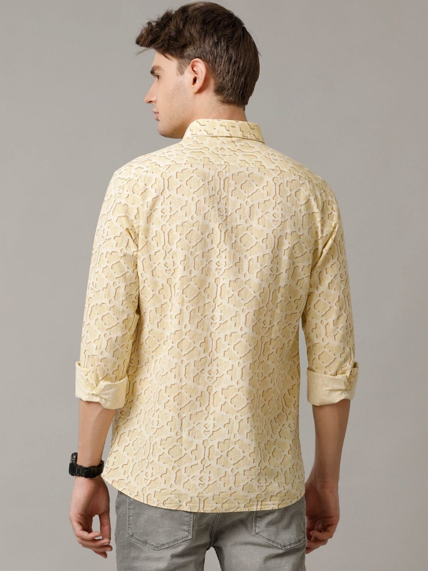 Cavallo By Linen Club Yellow Linen Contemporary Fit Printed Shirt