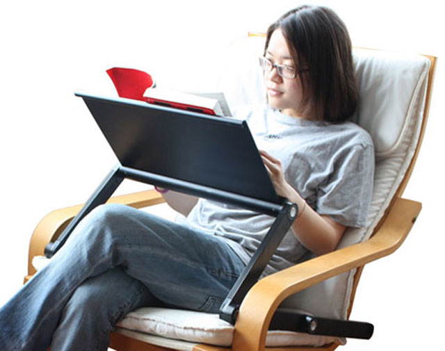 WorkEZ Executive Adjustable Ergonomic Laptop Cooling Stand & Lap Desk for Bed Couch folding aluminum desktop computer riser tray height tilt angle portable macbook cooling reading monitor,Black