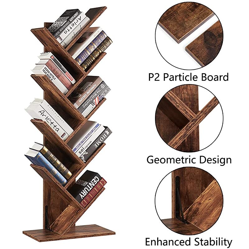 9-Shelf Tree Bookshelf, Floor Standing Tree Bookcase in Living Room/ Home/ Office, Bookshelves Storage Rack for CDs/ Movies/ Books - Rustic Brown