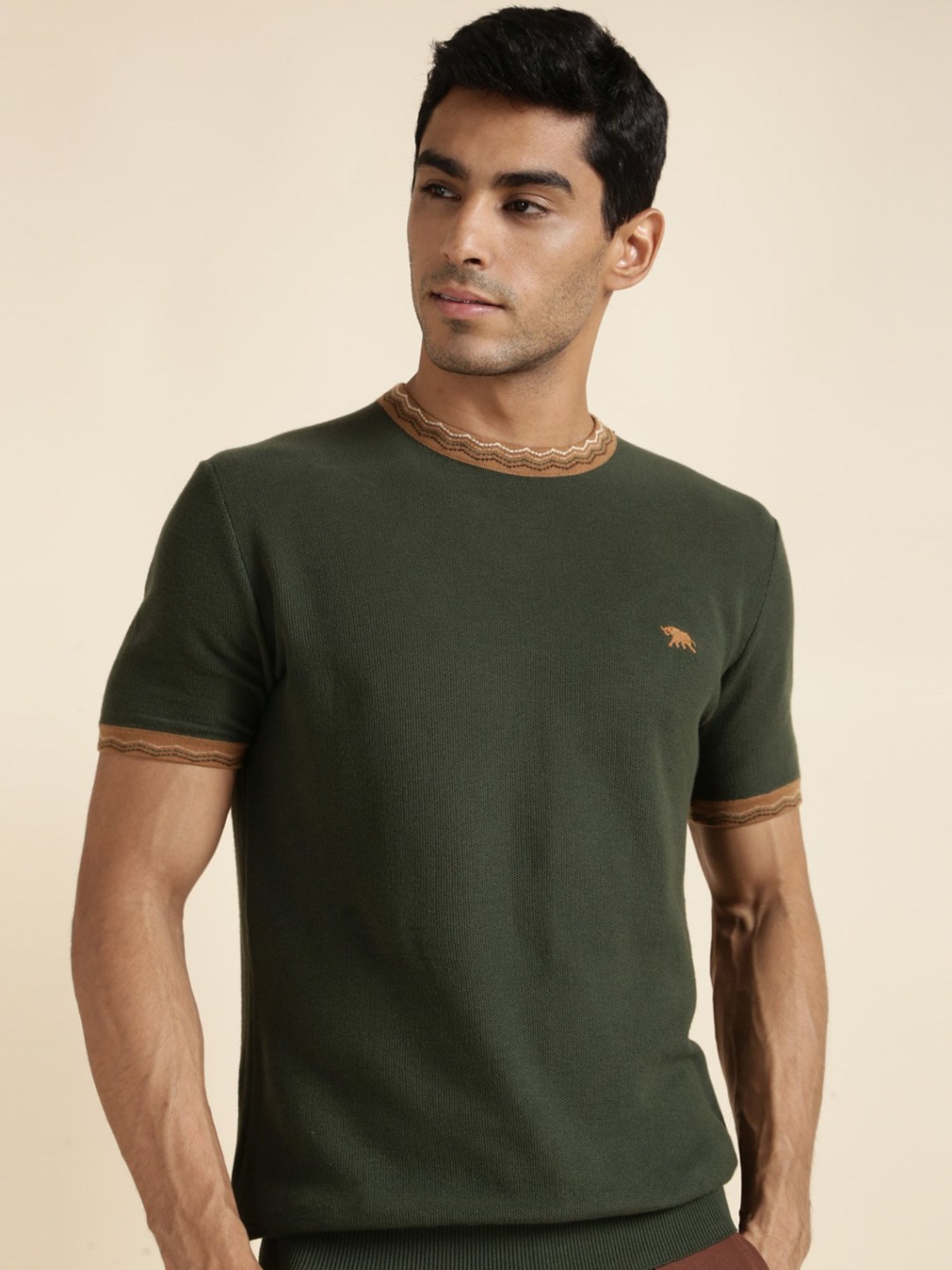 Andamen Olive Regular Fit Self Pattern T-Shirt