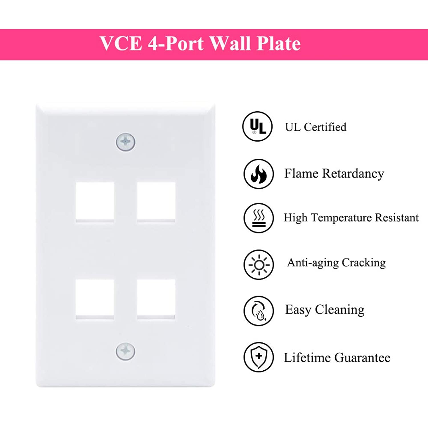 VCE 10 Pack 4-Port Keystone Wall Plate Keystone Jack Modular Inserts- White UL Listed