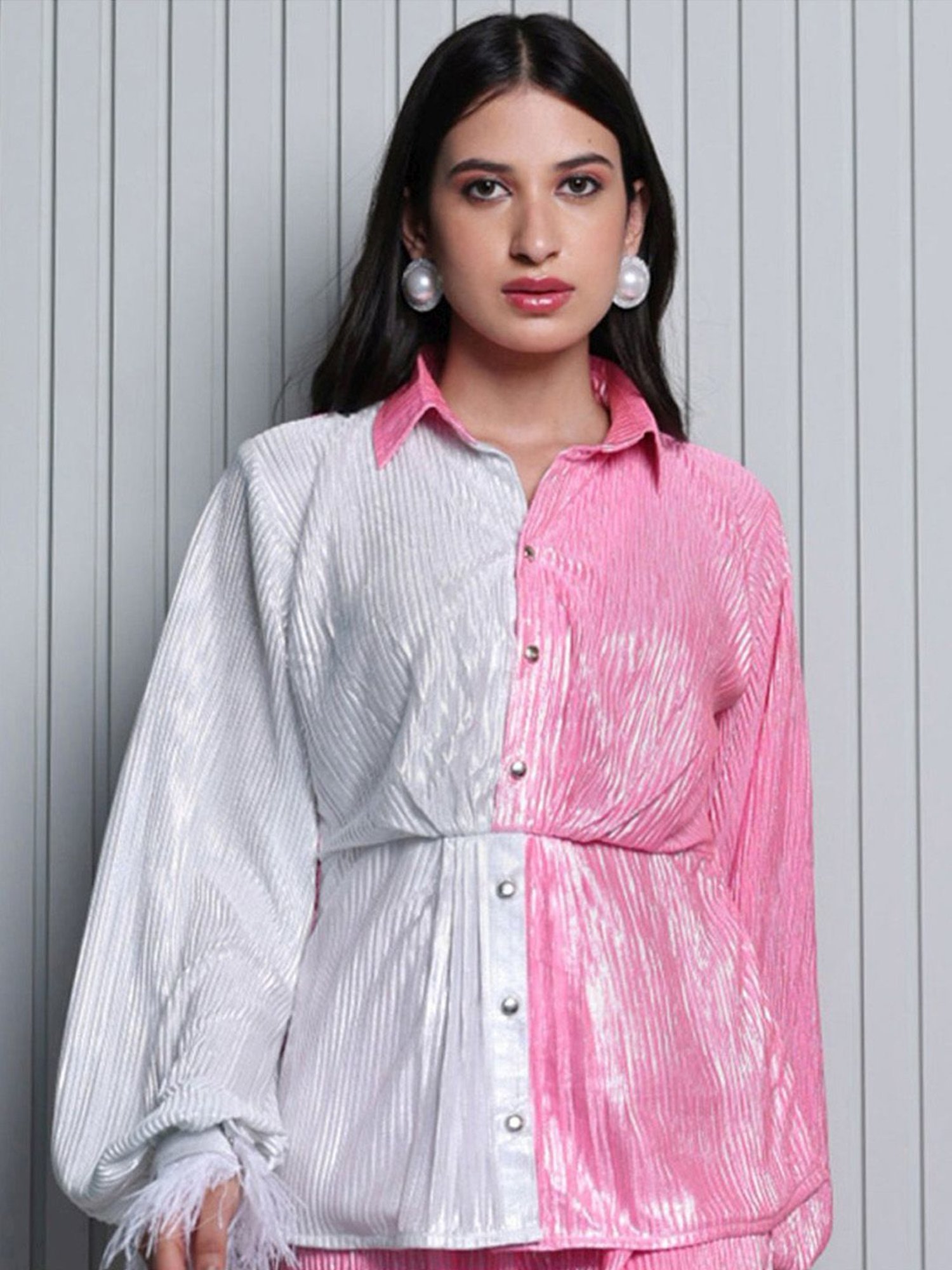 BInfinite BInfinite Metallic White Pink Pleated Shirt with Fur Cuffs