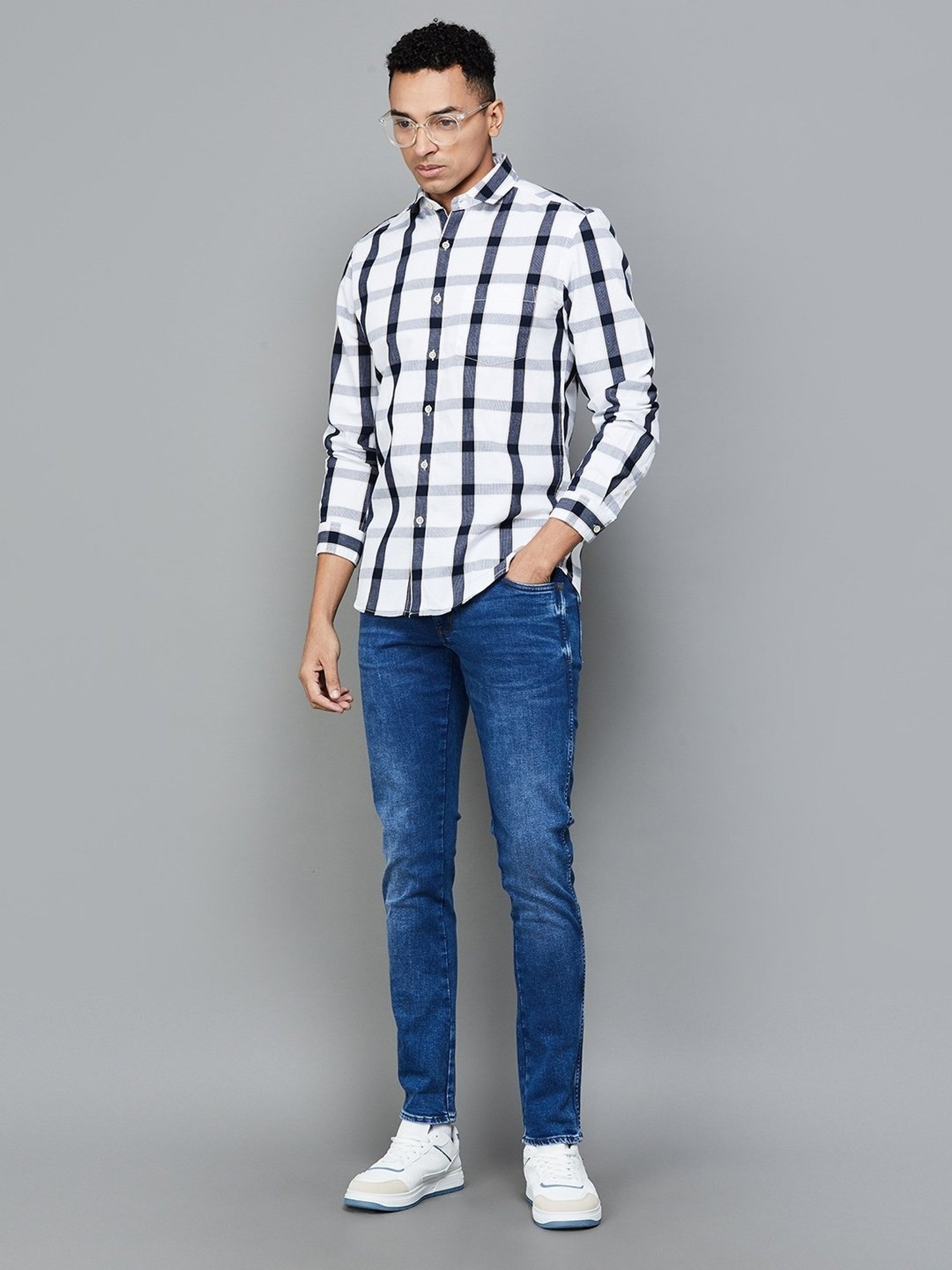 BOSSINI White Cotton Slim Fit Checks Shirt