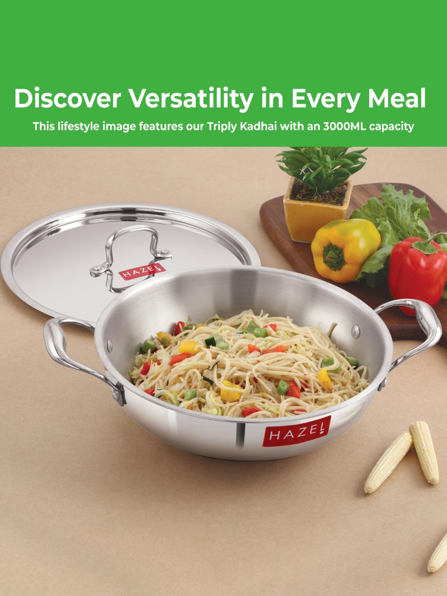 HAZEL Triply Stainless Steel Induction Bottom Kadhai With Stainless Steel Lid, 3 Litre, 26.8 cm