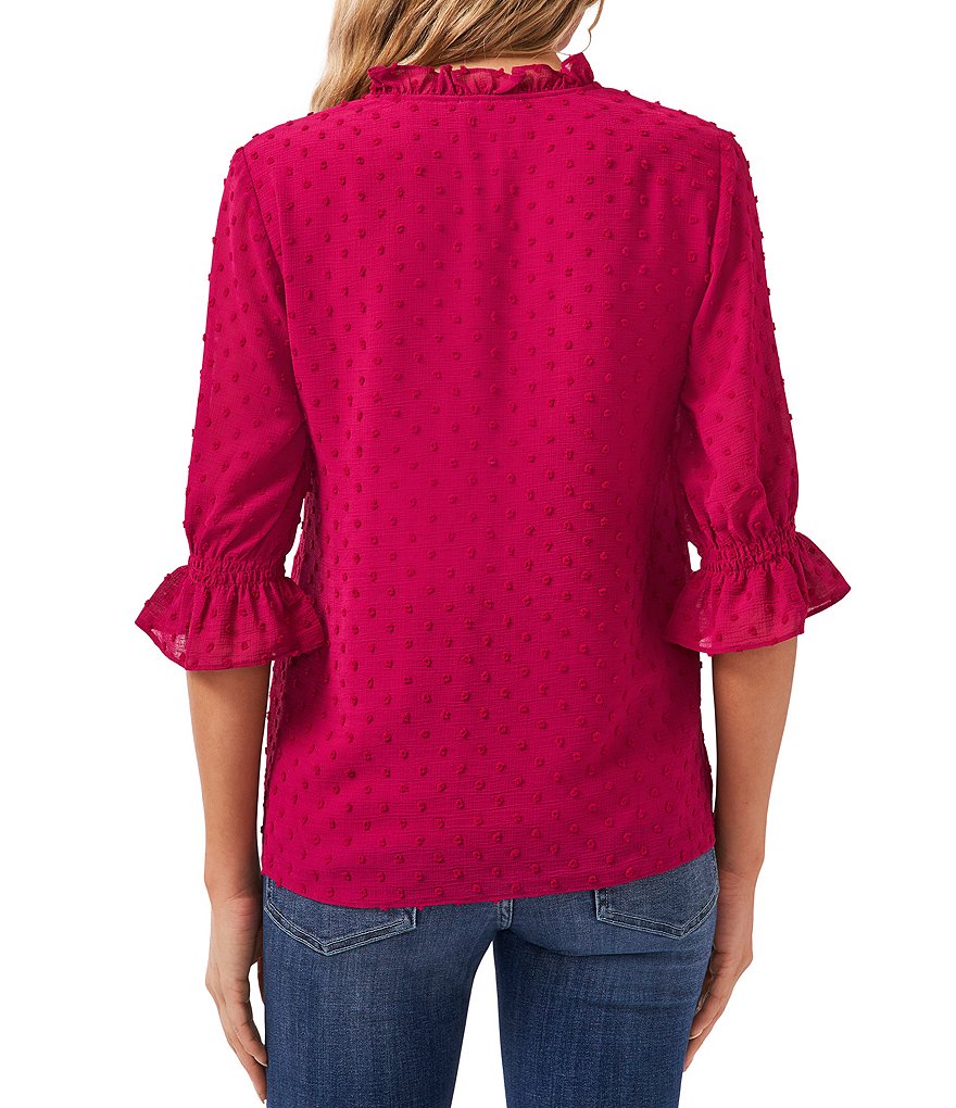 CeCe Split Neck Elbow Sleeve Clip Dot Chiffon Blouse
