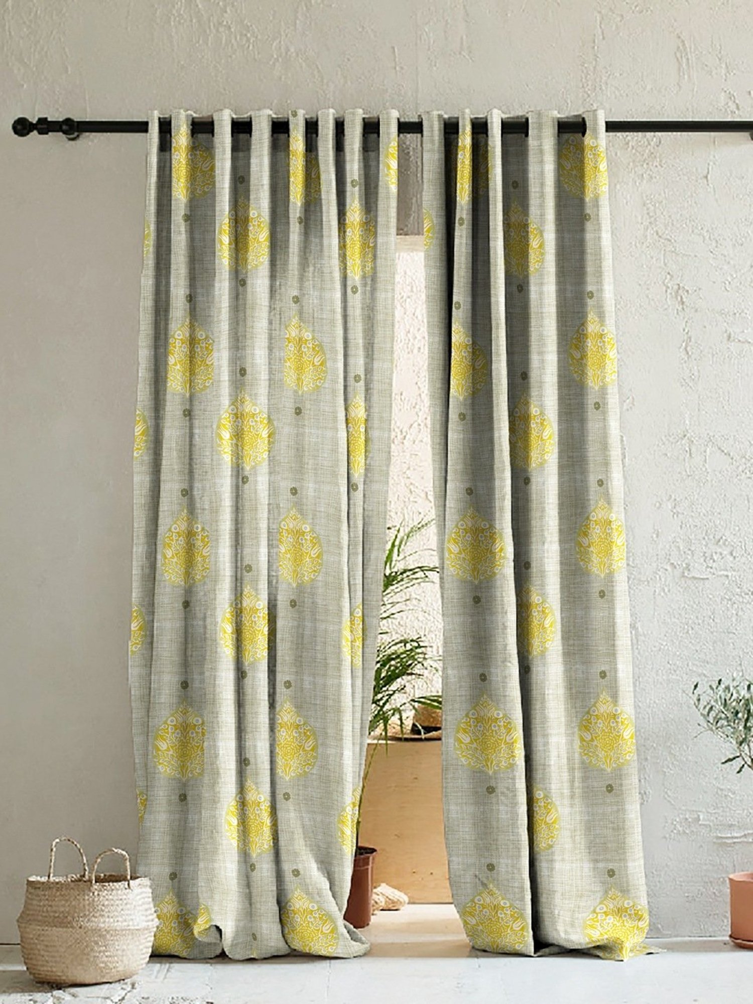 SPACES DRAPE STORY Elegent Grey & Yellow Polyester 8 FT Door Curtain - Set of 2