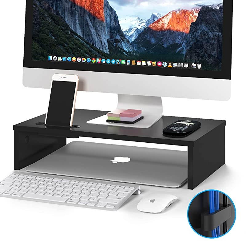 Wood Monitor Stand Riser Desk TV Shelf with Cellphone Holder Ergonomic Laptop Printer Stand with Cable Management for Laptop Computer Notebook iMac PC 167 inches Black