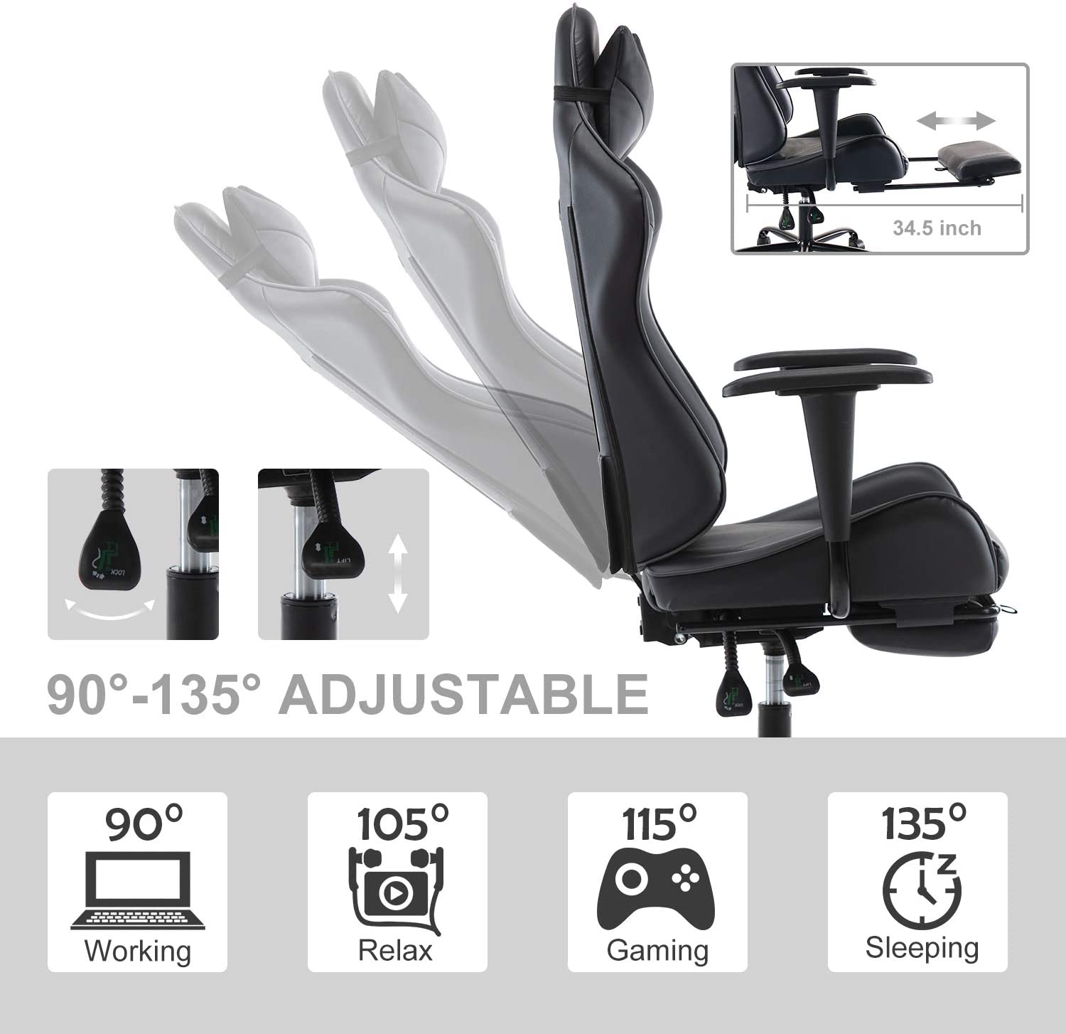 SMUGDESK Gaming Chair with Footrest Racing Style Recliner with Lumbar Support, Ergonomic Office Armchair for Computer PU Leather High Back Desk Chair Headrest Swivel Rocking Desk Chair, Blue