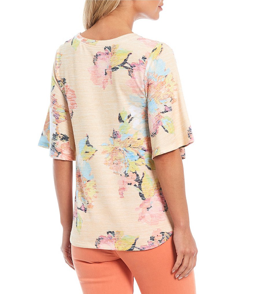 Westbound Petite Size Painterly Flower Print Flounce Sleeve Top
