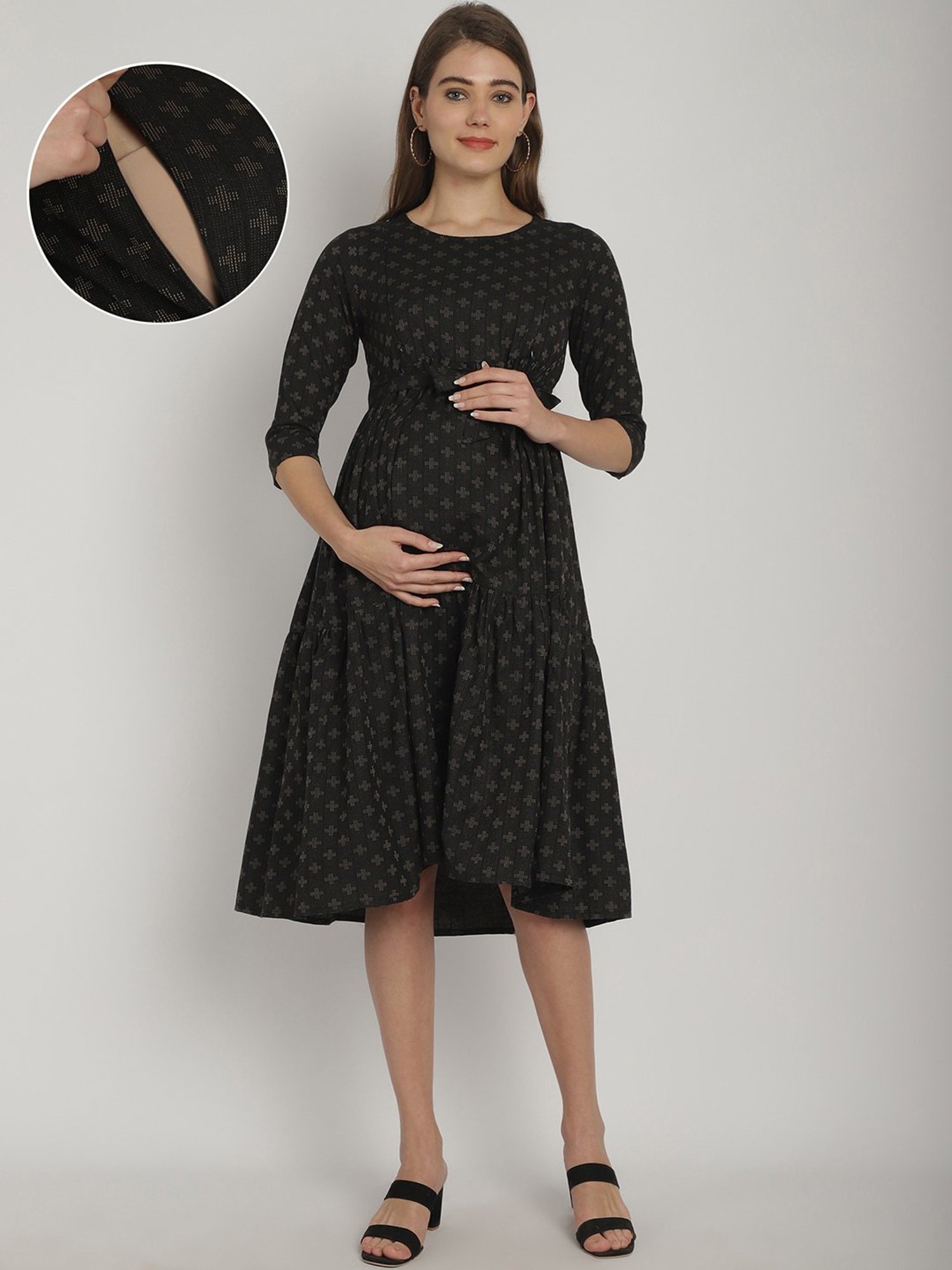 Moms Maternity Black Printed Maternity Midi Dress