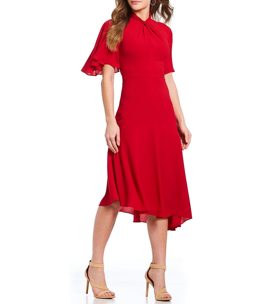 Maggy London Asymmetrical Crepe Midi Stretch Dress
