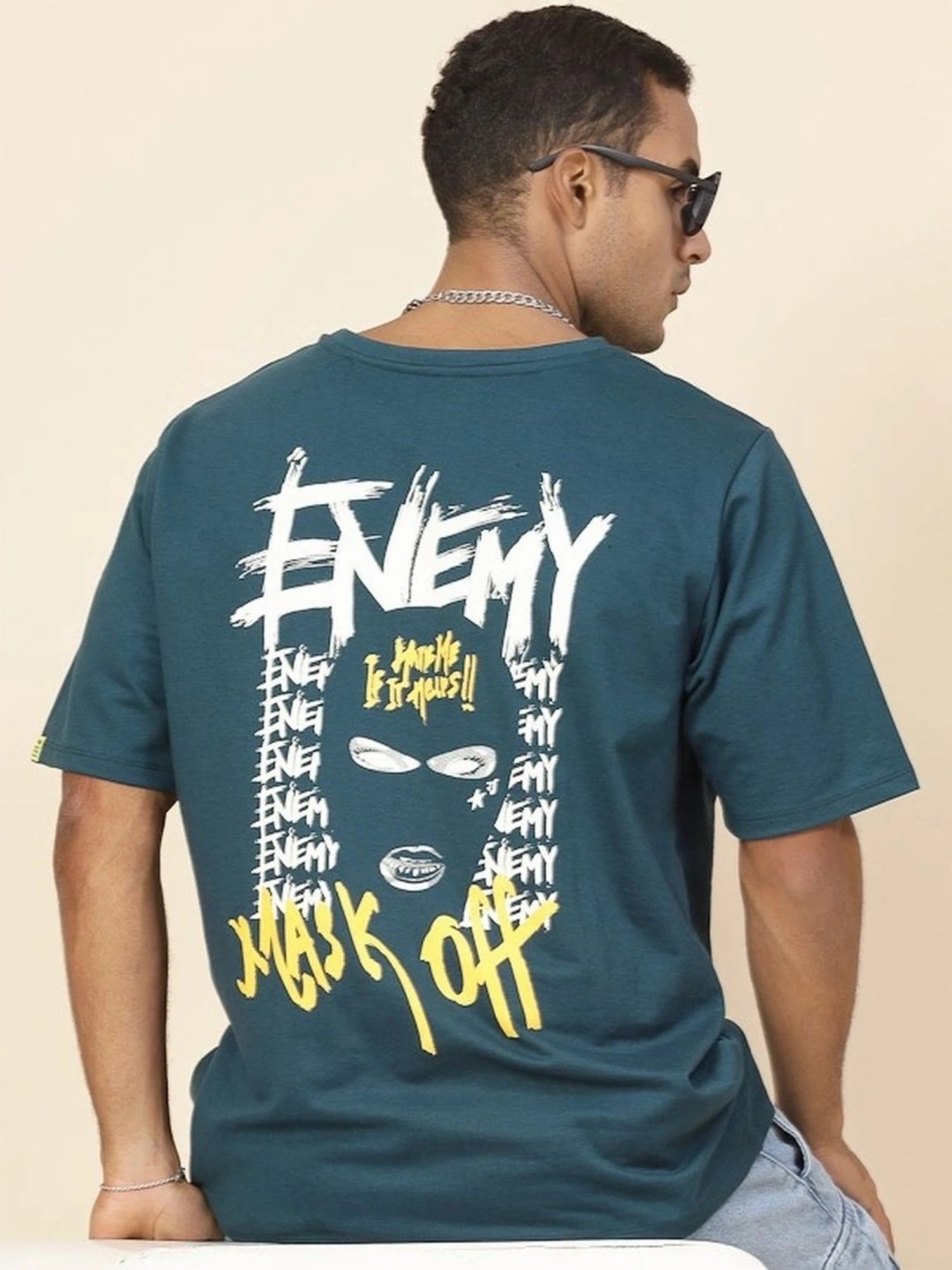 Rigo Teal Cotton Loose Fit Typography T-Shirt
