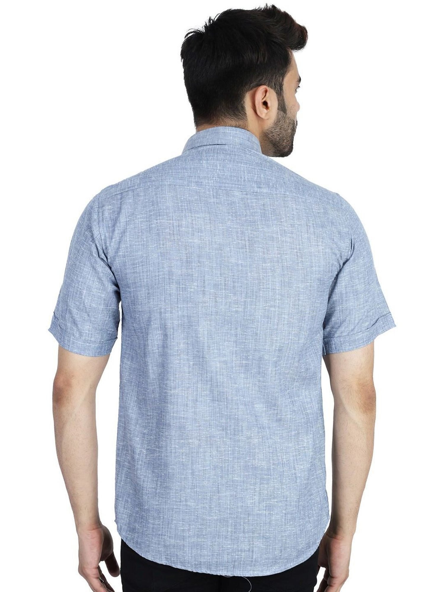 TAHVO Grey Linen Slim Fit Self Pattern Shirt