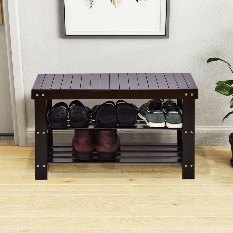 Costway 3 Tier Bamboo Shoe Rack Bench Storage Shelf Organizer Entryway Home Furni Black
