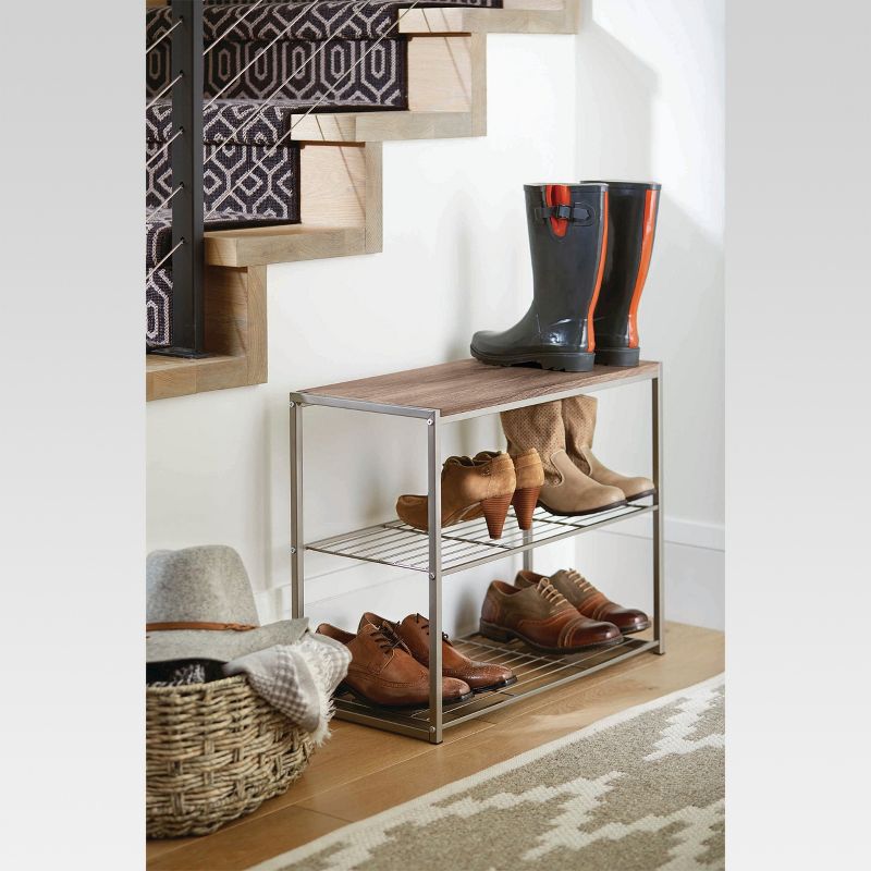 3 Tier Shoe Rack with Rustic Oak Finish Top Gray Metal - Threshold™