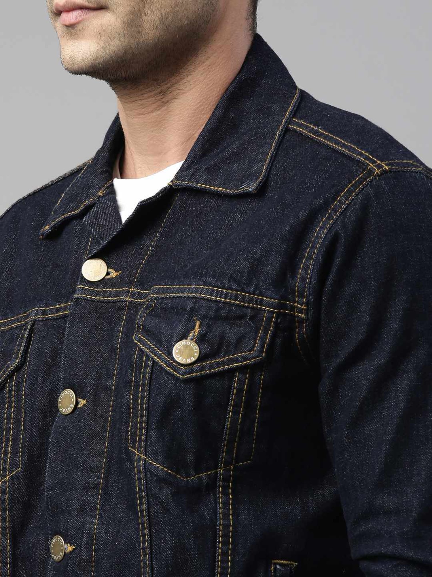 CINOCCI Navy Blue Cotton Slim Fit Denim Jacket