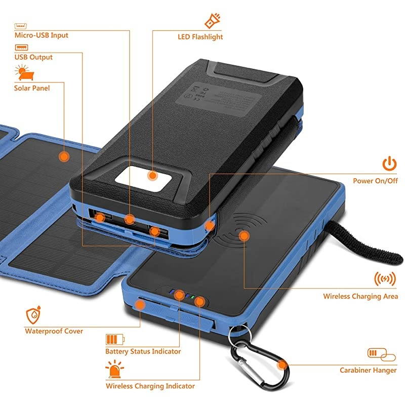 Charger 20000mAh 45W Wireless Charger Portable Power Bank External Battery Pack with 3 Panels Flashlight Dual 5V21A USB Port IP65 Rainproof for Camping Hiking FishingBlue