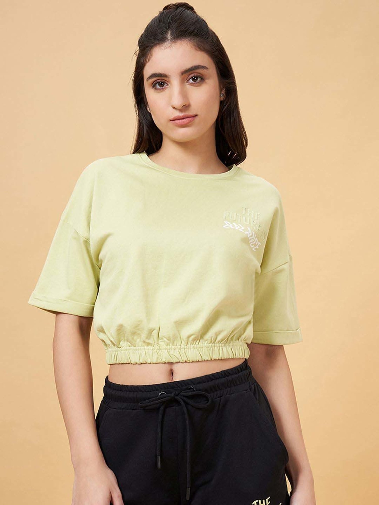 Ajile by Pantaloons Sunny Lime Cotton Printed Crop Top
