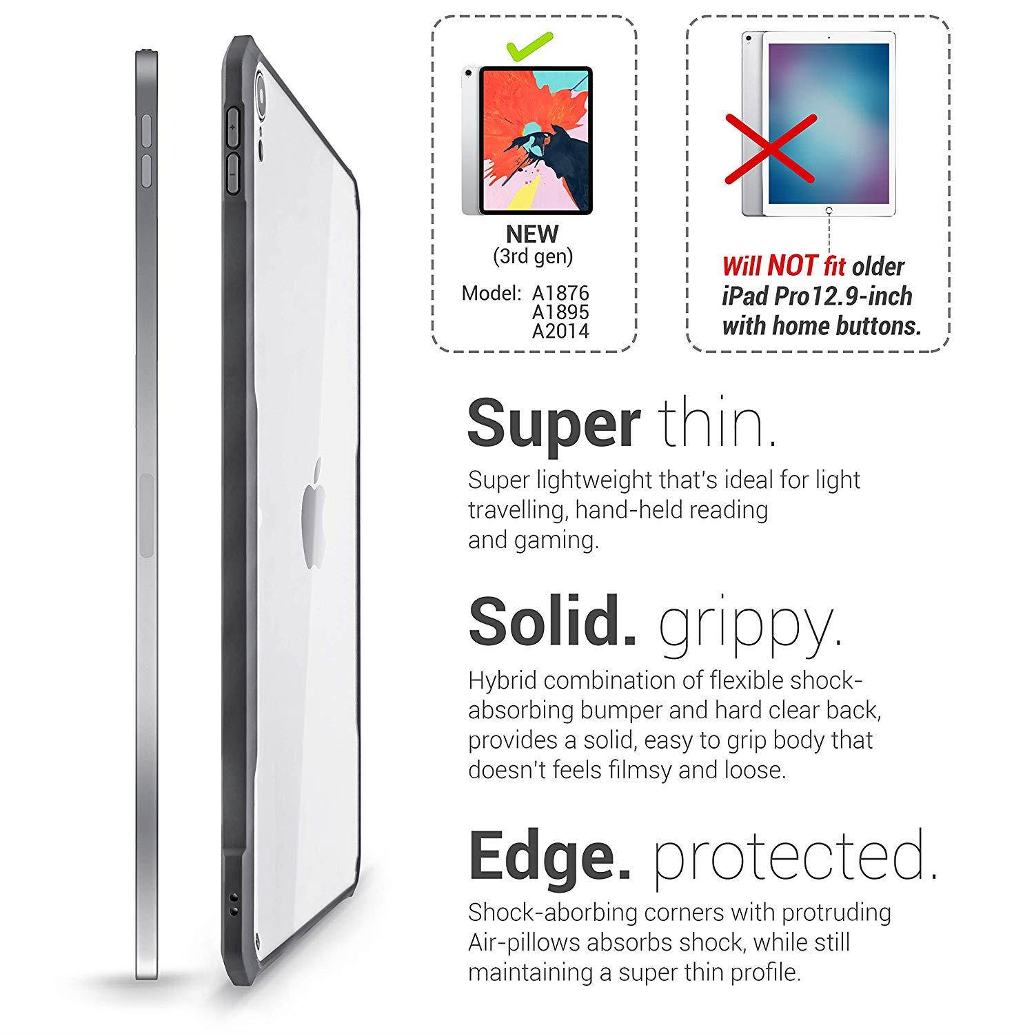 iPad Pro 12.9-inch (2018 Release, 3rd Generation) Ultra-Slim Clear Case, Supports Apple Pencil Wireless Charging [Absorbs Shock] Flexible TPU, Lightweight (Black)