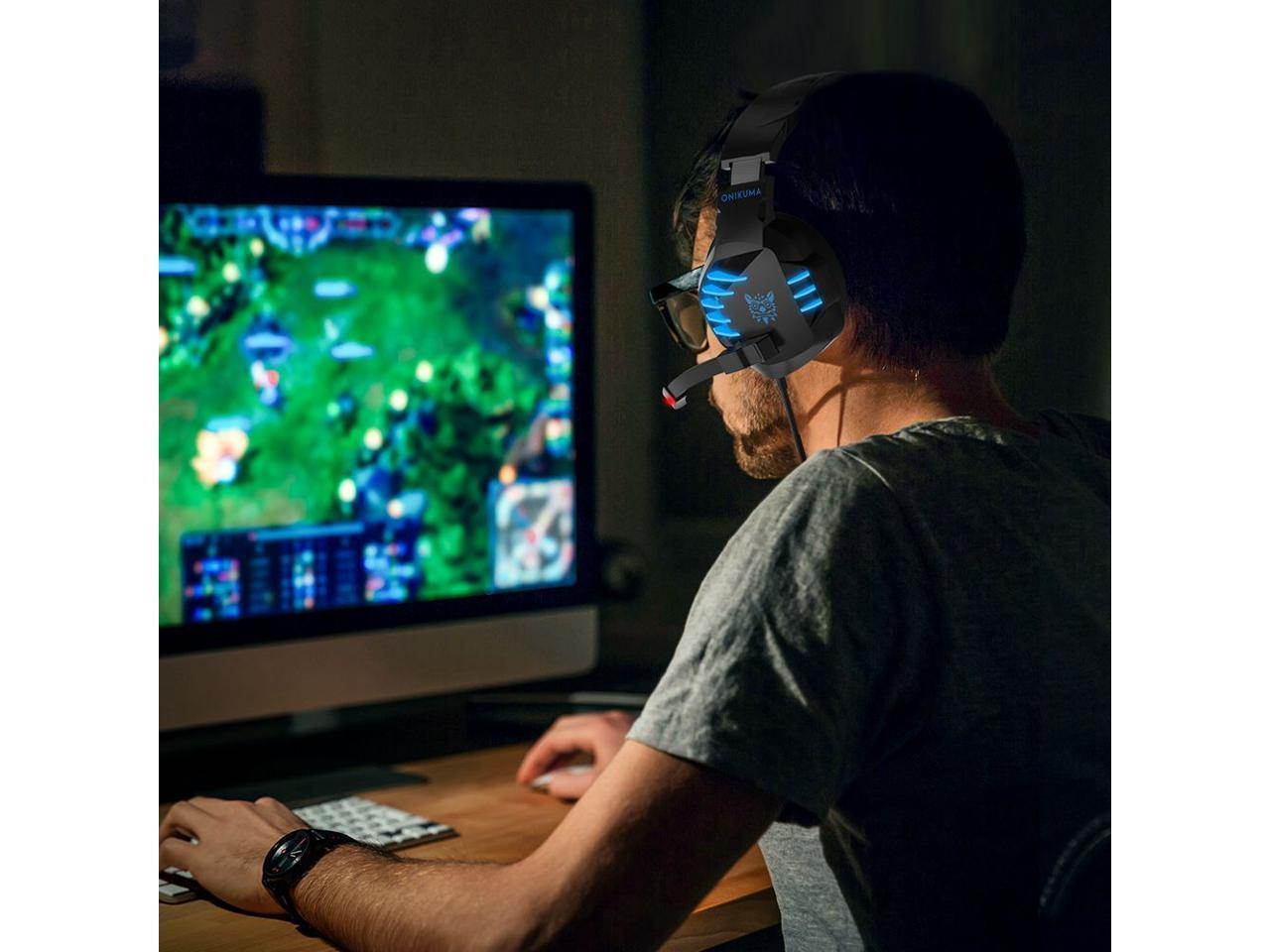 ONIKUMA K17 Over-Ear Noise Reduction Gaming Headphones,HD Stereo LED Light 3.5mm Audio+USB Port with Plugable Mic &ndash; Blue