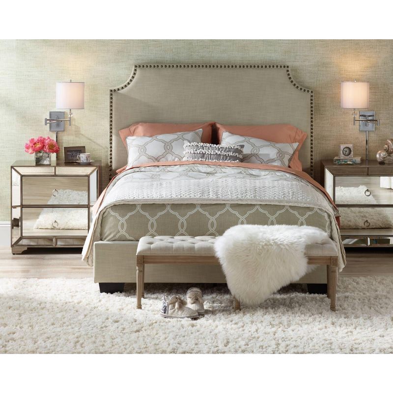 Barnes and Ivy Modern Swing Arm Wall Lamp Antique Brass Plug-In Light Fixture Taupe Fabric Bell Shade Bedroom Living Room Reading