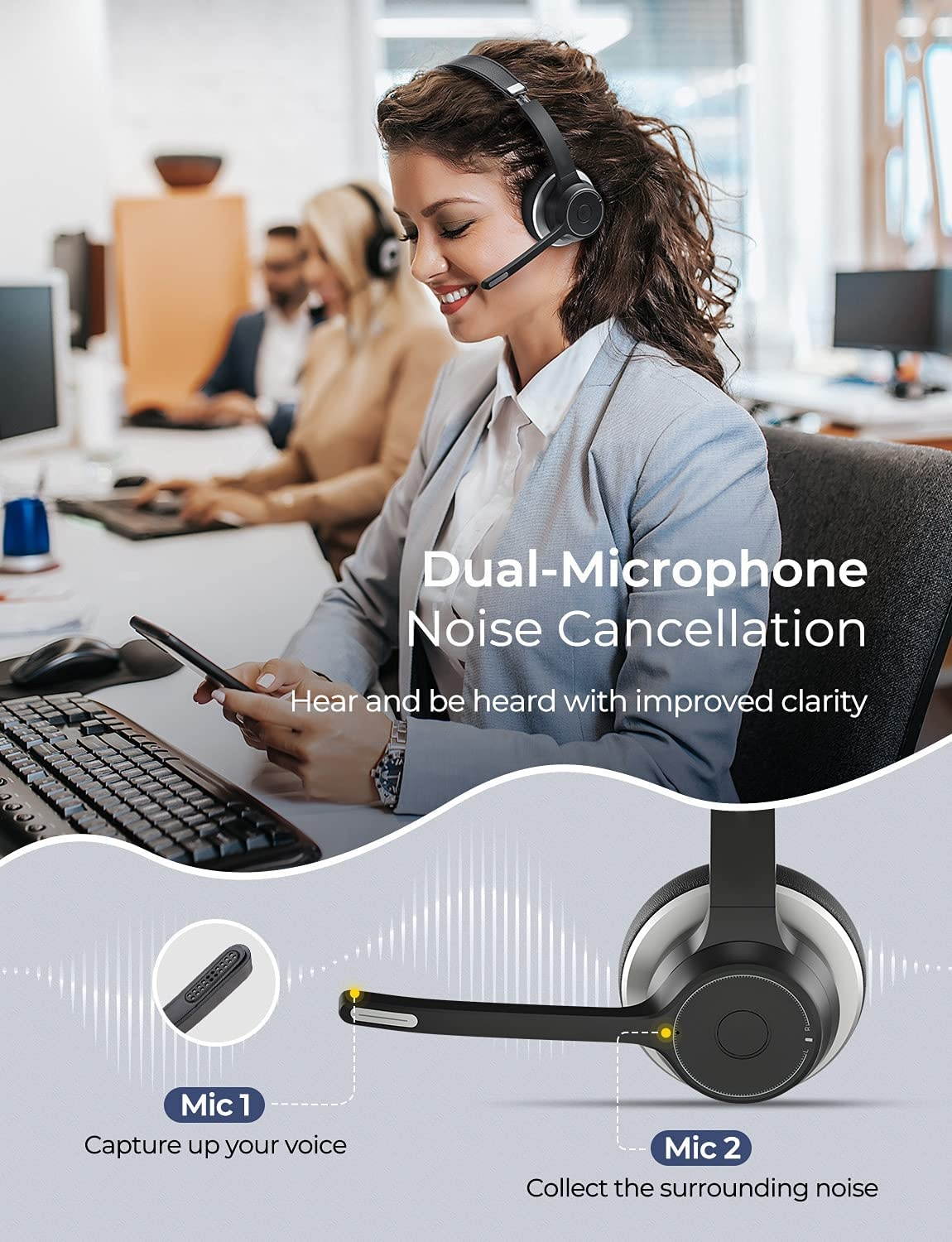 Wireless Headset with Dual Microphone Headsets with CVC8.0 Noise Cancelling Mic Mute Function Wireless 5.0 55ft Range Soft Earmuff Wired Headphones for PC Home Office Call Center Class Skype