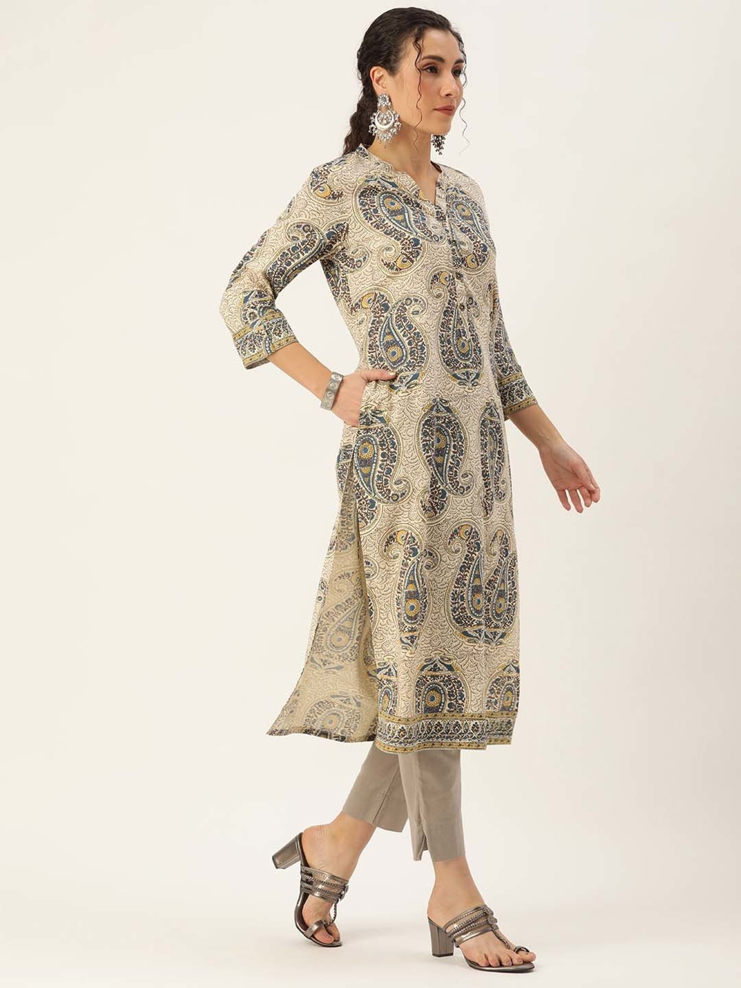 Amukti Beige Printed A Line Kurta