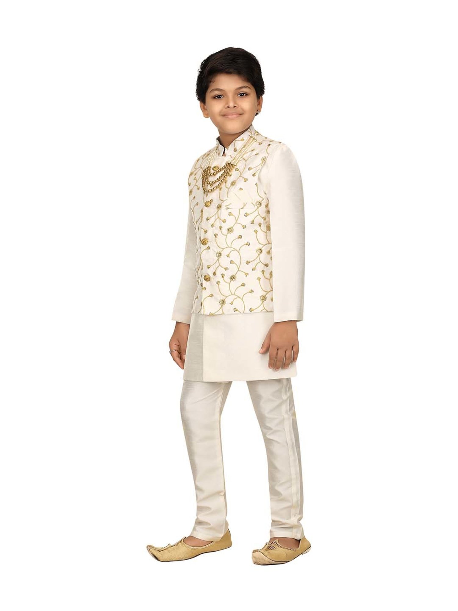 Ahhaaaa Kids White & Golden Cotton Embroidered Full Sleeves Kurta Set