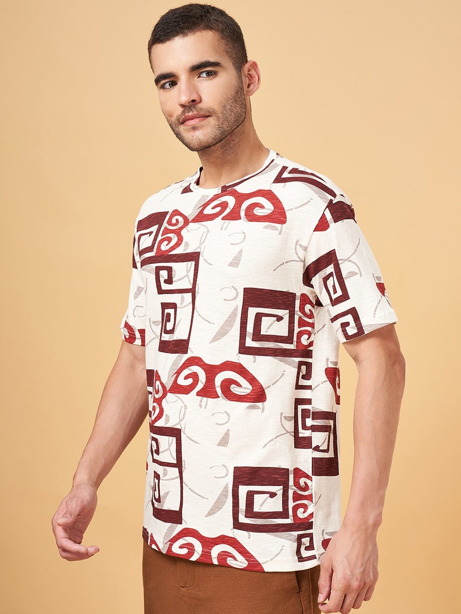 7 Alt by Pantaloons Ivory Cotton Relaxed Fit Printed T-Shirt