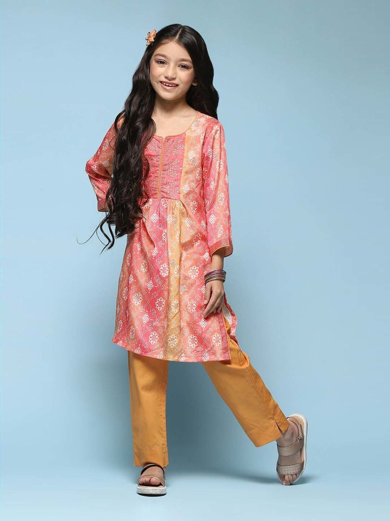 BIBA Girls Kids Pink & Mustard Printed Kurta Set