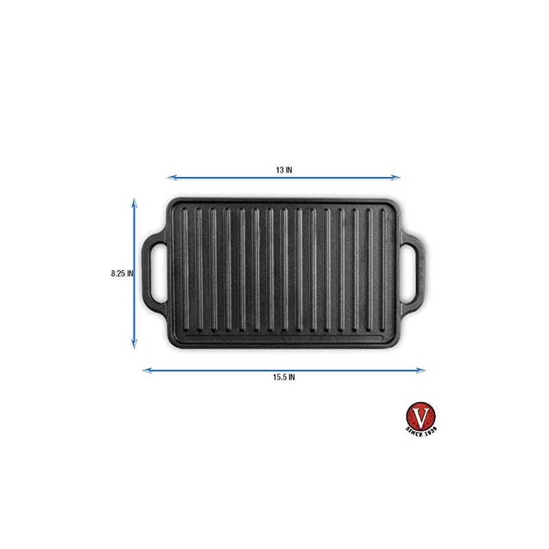 Rectangular Cast Iron Double Burner, Reversible Griddle Grill Seasoned with 100% Kosher Certified Non-GMO Flaxseed Oil, 13 x 8,3 Inch, Black