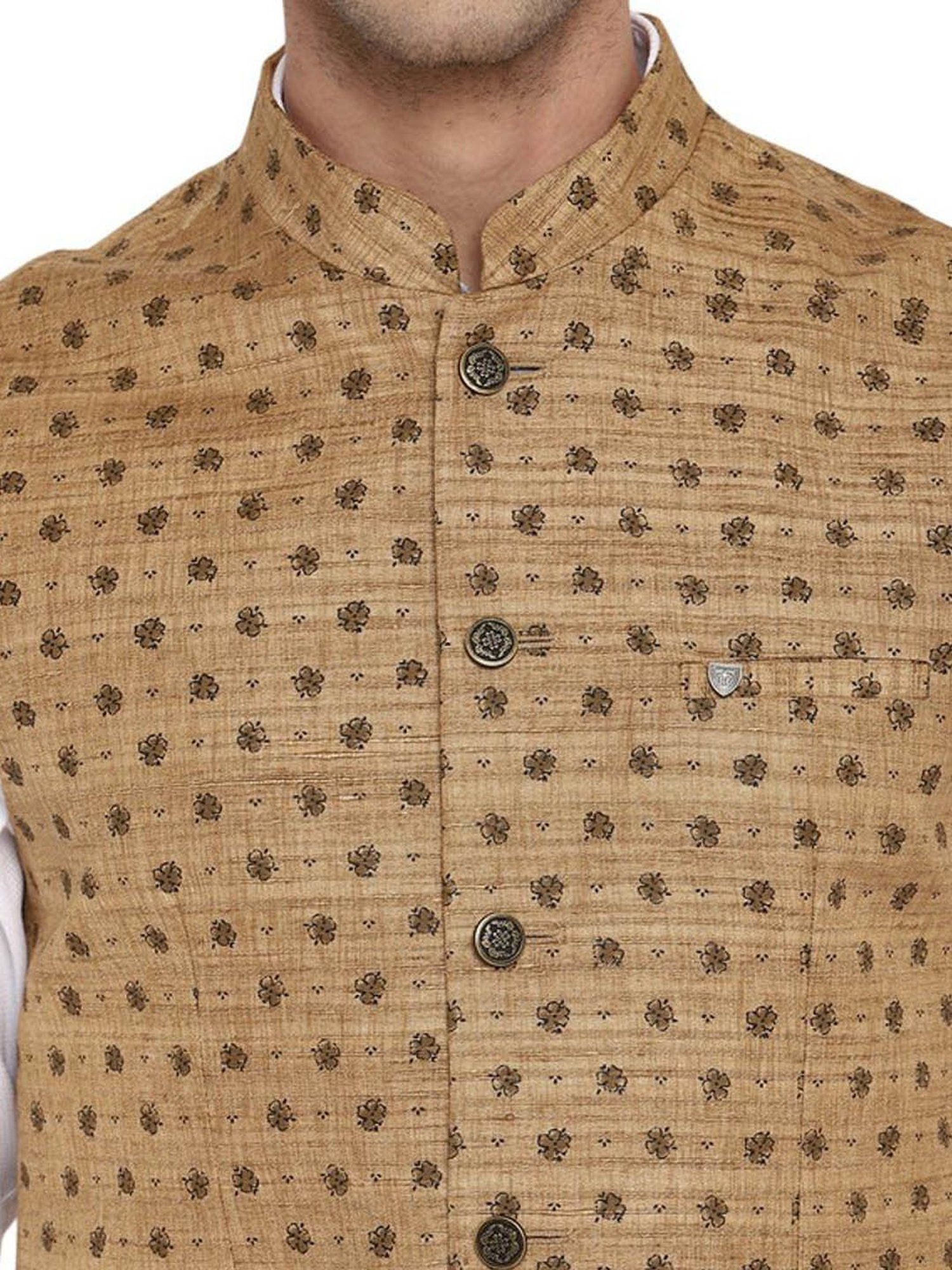 Turtle Beige Cotton Slim Fit Printed Nehru Jacket