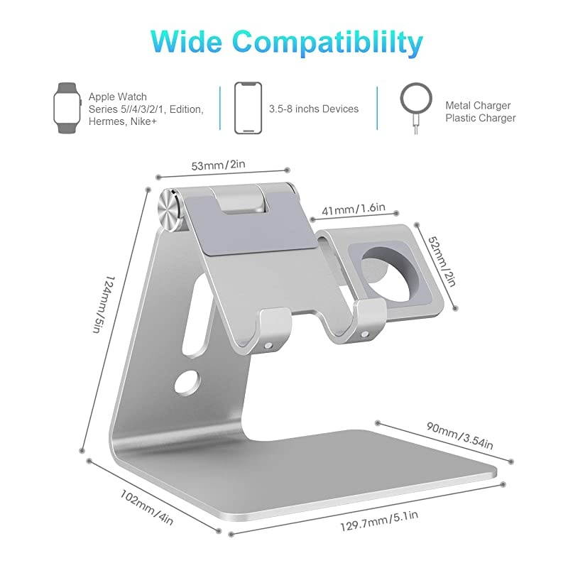 2 in 1 Phone Stand for Apple Watch,  Adjustable Phone Holder Charging Station Stand for iWatch and 3.5&rdquo;-8&rdquo; Smart Phones (Silver)
