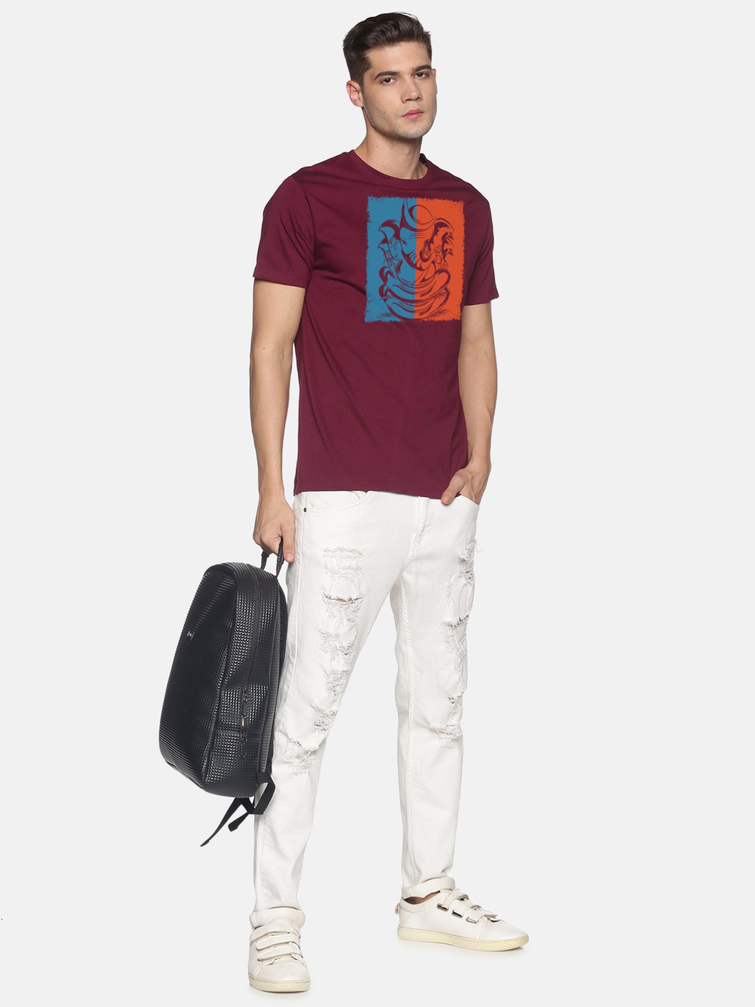 BLACK RADIO Maroon Slim Fit Printed Cotton Crew T-Shirt