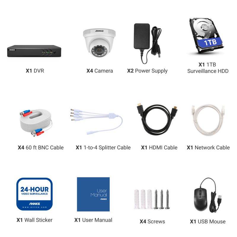 ANNKE 1080P Outdoor Security Camera System Including 4 Channel 3MP (1920x1536p) DVR within 1TB Hard Drive and 4x1080P (2.0MP) Waterproof Night Vision Indoor/Outdoor CCTV Cameras